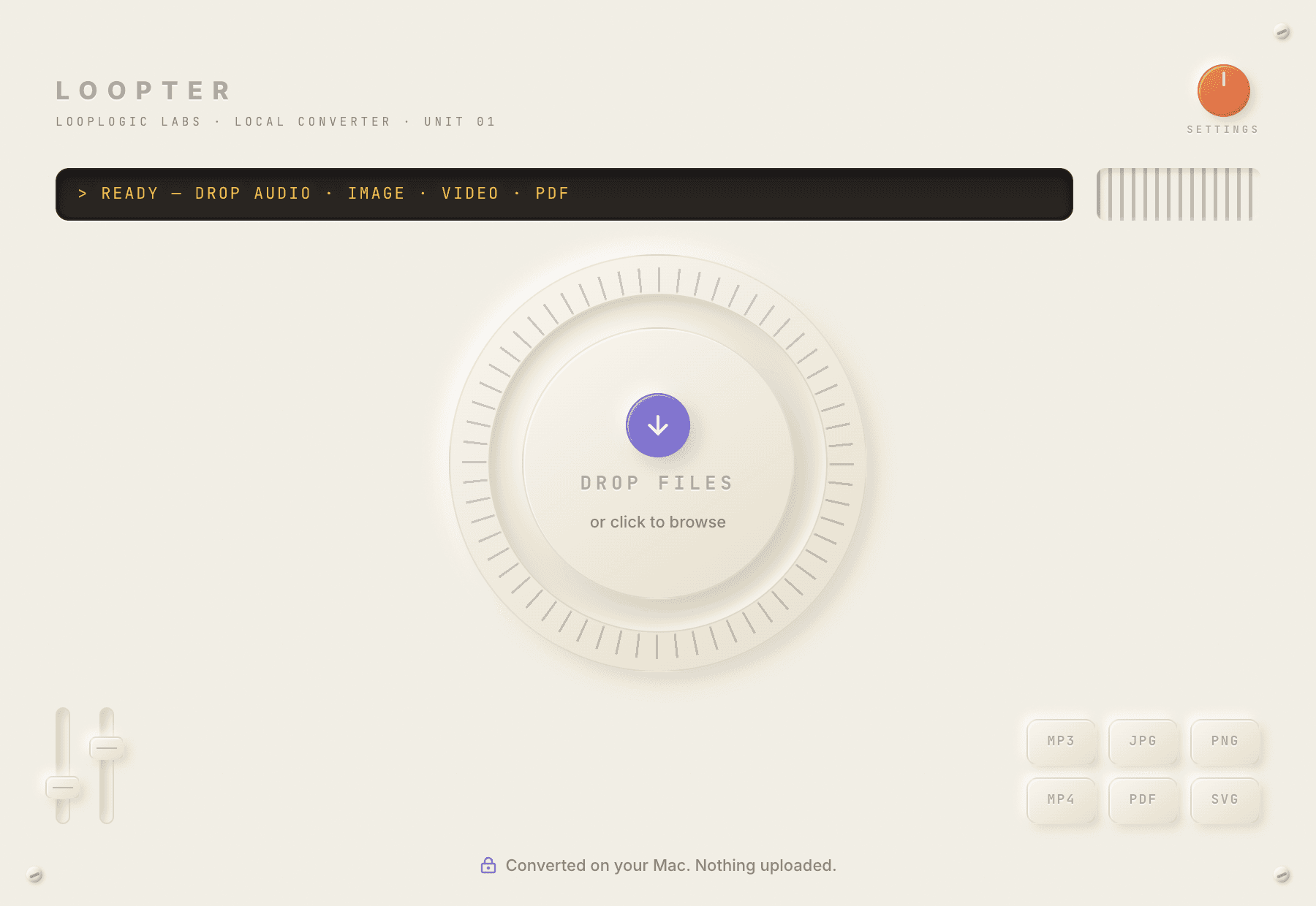 Loopter file converter main screen on macOS - drop dial waiting for images, audio, video or PDF files