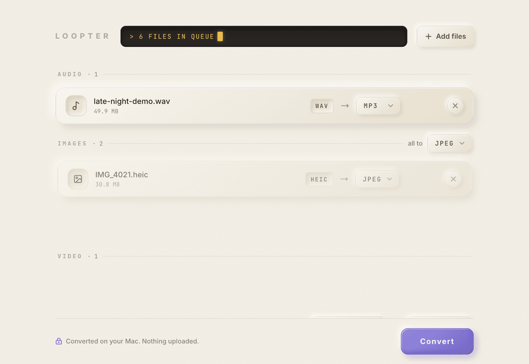 Loopter queue with files loaded and a format picker for each file