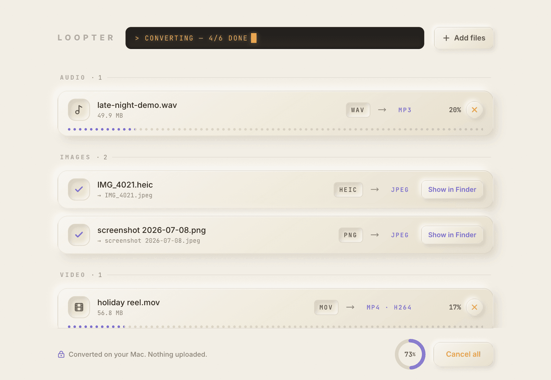 Loopter converting a batch of files with a progress ring and cancel-all control