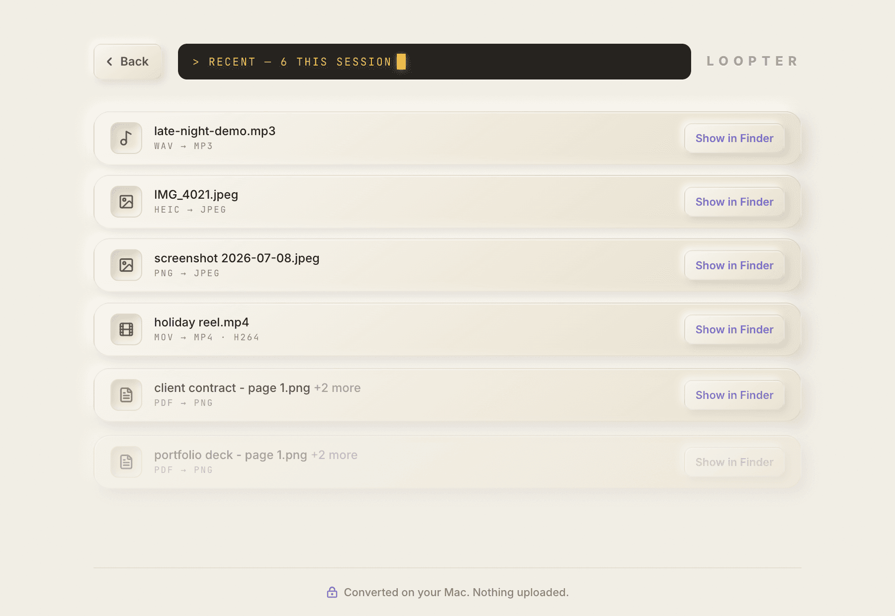 Loopter history screen listing completed audio, image, video and PDF conversions